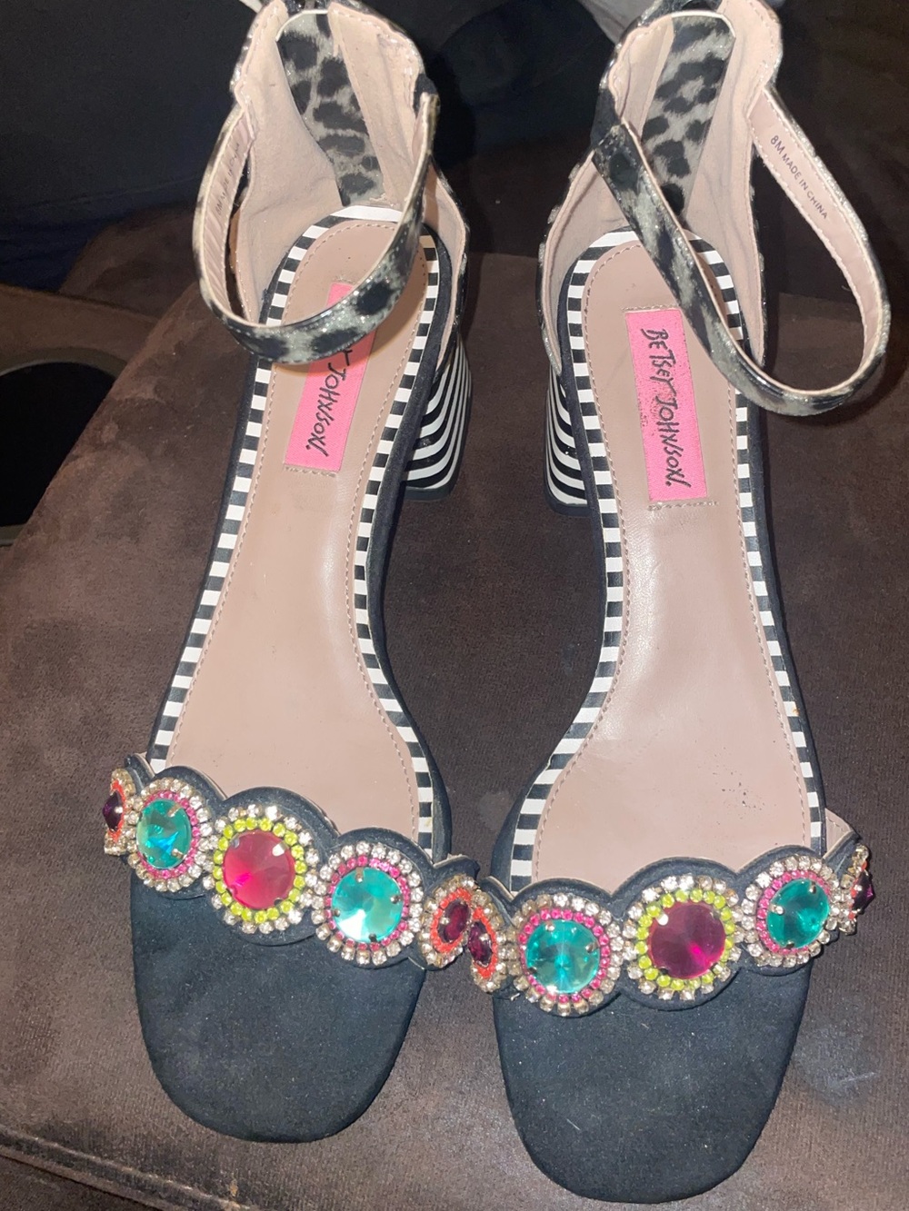 Betsy Johnson Gabie Beaded Striped Cheetah Heel Sandal Women’s Size 8